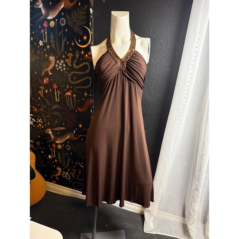 Spenser Jeremy Brown Beaded Halter Dress Ruched Cocktail Midi Size 8